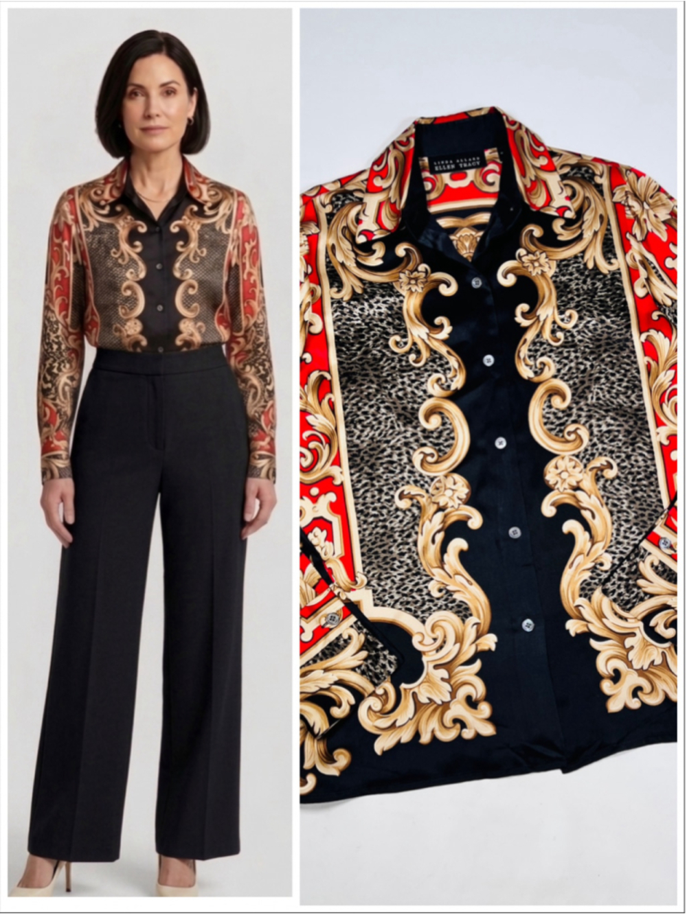Linda Allard Ellen Tracy Womans Blouse Silk Button Down Shirt 4 Black/Gold Tan
